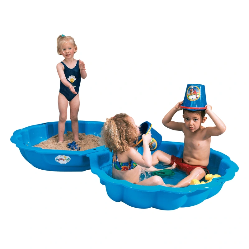 Maxi Shell Sand Box Blue in garden setting