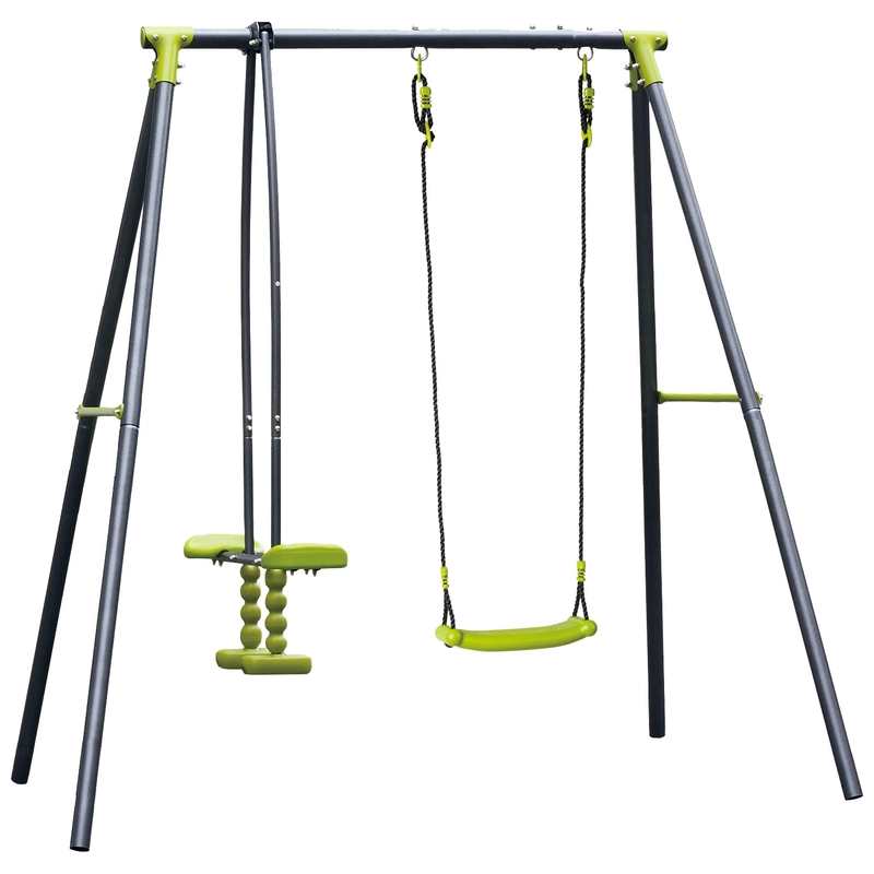 Children playing on the swing and seesaw unit