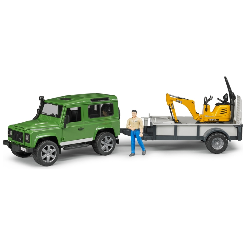 BRUDER 02593 Landrover met Aanhanger, JCB Graafmachine en BWorld Speelfiguur