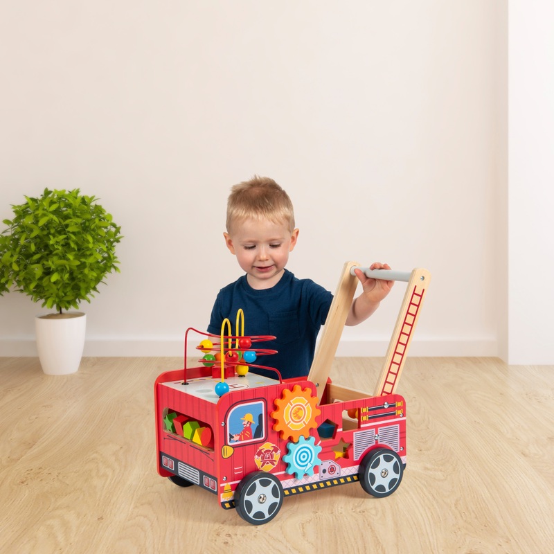 Squirrel Play Houten Loopwagen Brandweerwagen met Kralenspiraal