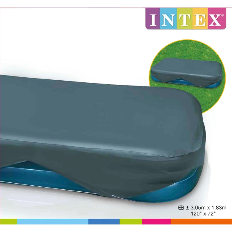 Durable Intex pool cover secured over rectangular frame