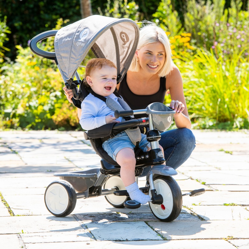QPlay driewieler Cosy 4-in-1 met duwstang en kap grijs