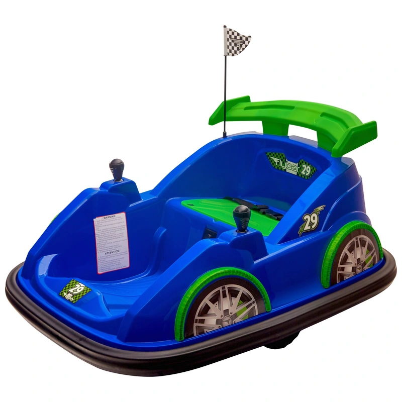 Kids playing with Flybar 6V blue car