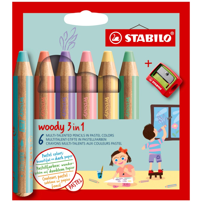 STABILO Houten Kleurpotloden woody 3-in-1 Set van 6 met Puntenslijper