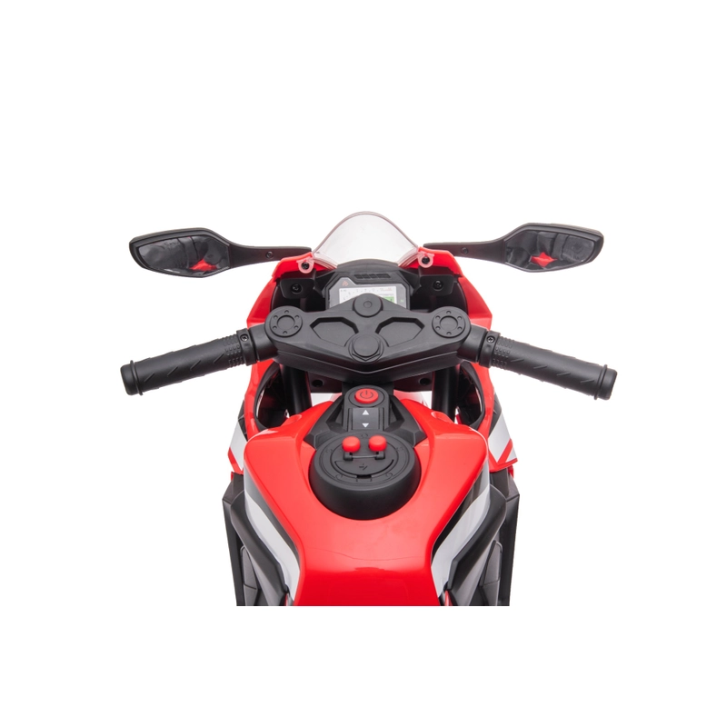 Rear view of red electric kids motorbike