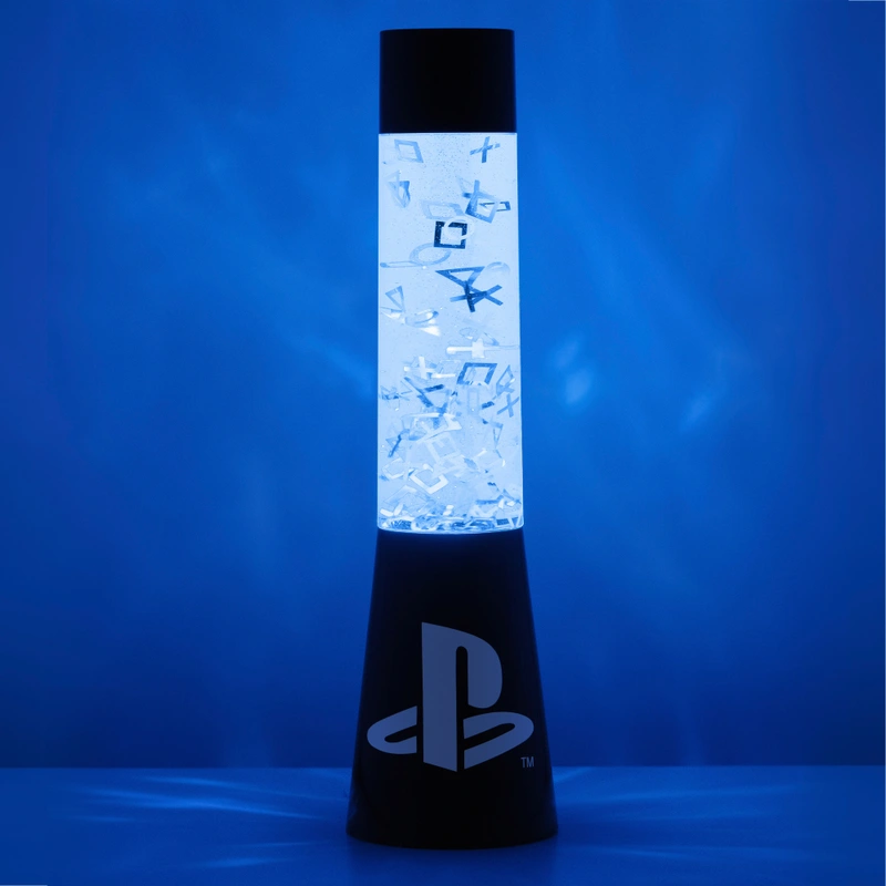 PlayStation lamp glowing in dark room