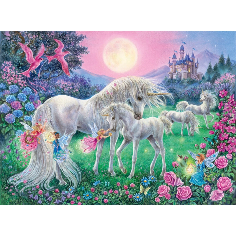 Child assembling a 100-piece Ravensburger unicorn jigsaw puzzle