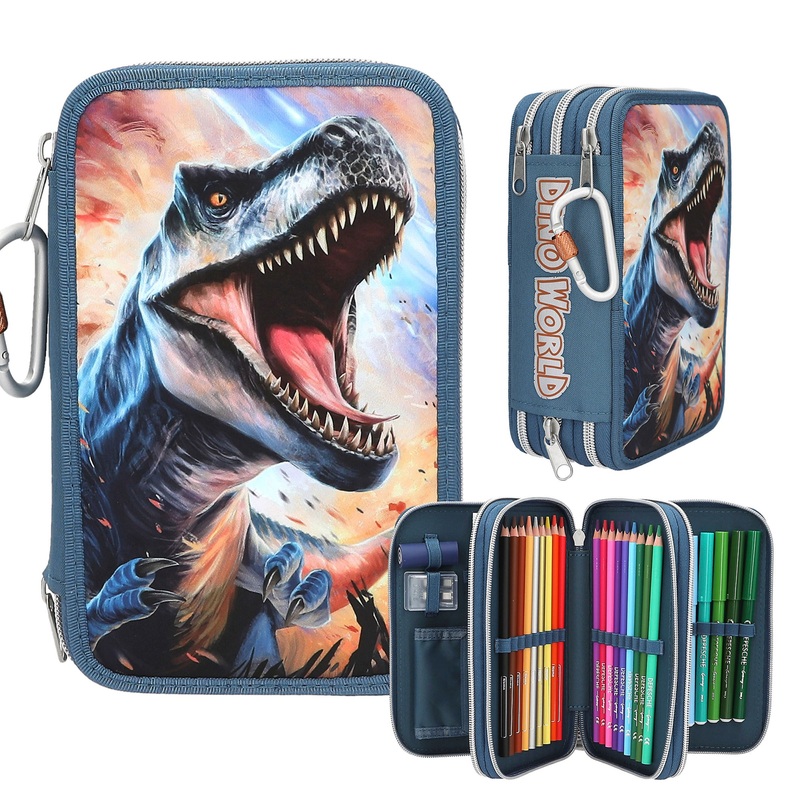 Dino World Etui met 3 Vakken en Accessoires
