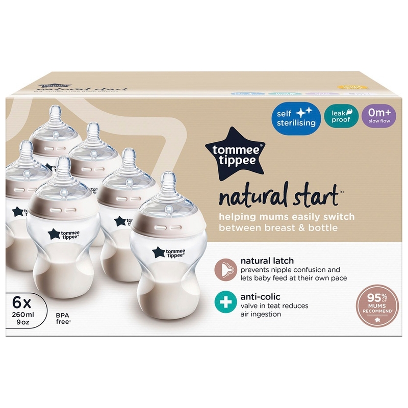 Tommee Tippee Natural Start Self-Sterilising Anti-Colic Baby Bottles 260ml Slow-Flow 6 Pack
