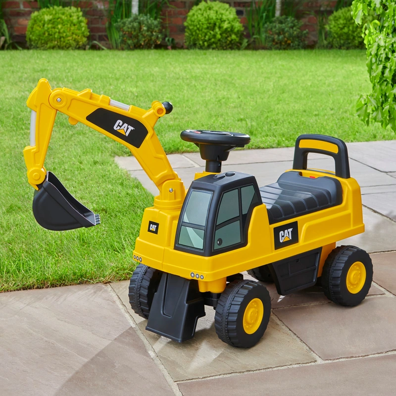 CAT Excavator Push-Along Ride On UK front view with shovel