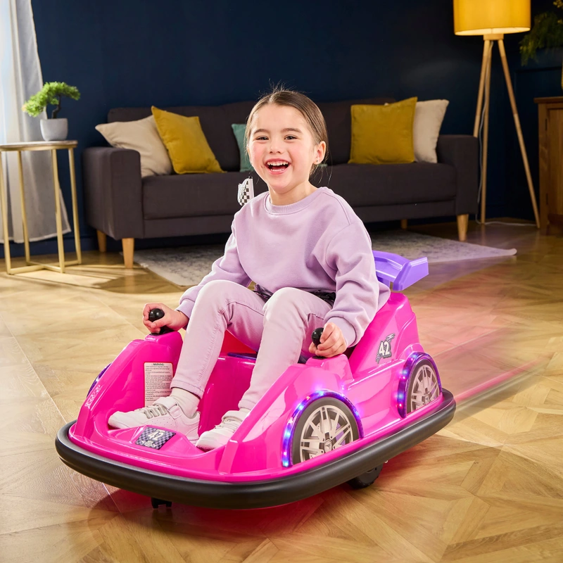 Flybar Racer 6V Bumper Car Pink in a child's bedroom
