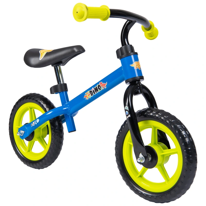 Close up of blue balance bike wheels and frame