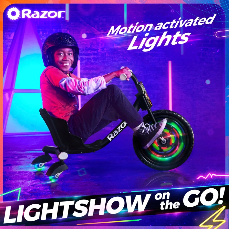 LED lights glowing on the Razor RipRider 360 drift trike