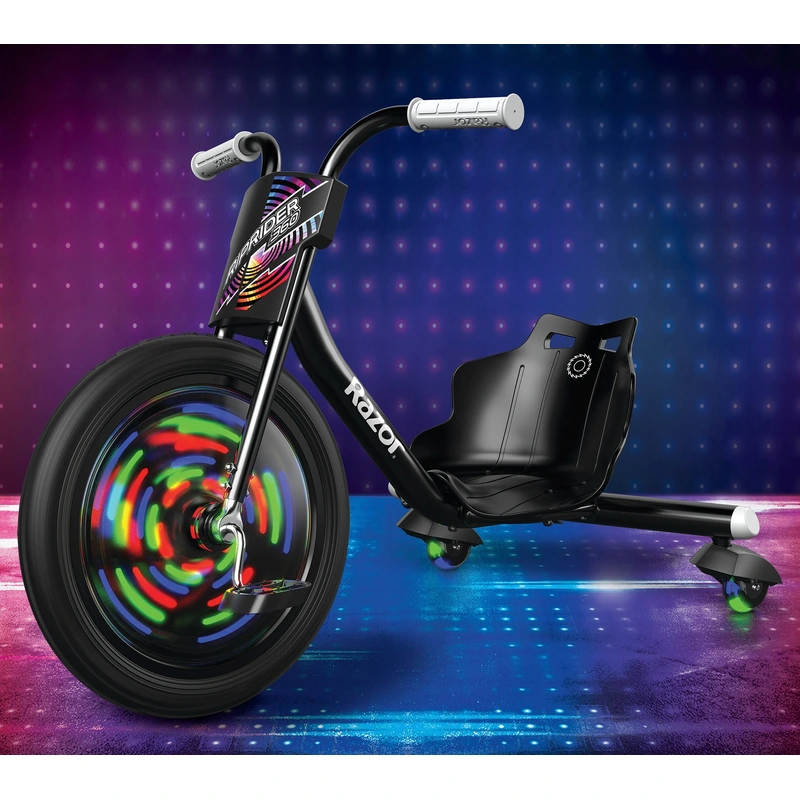 Front view of the Razor RipRider 360 lightshow trike