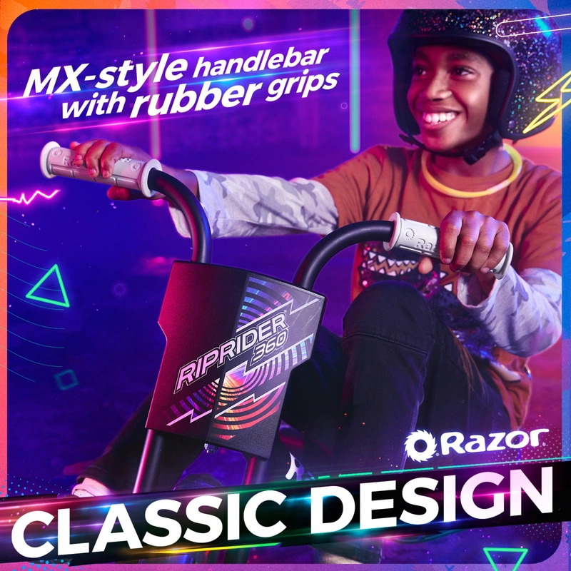 Child riding the Razor RipRider 360 lightshow drift trike outdoors