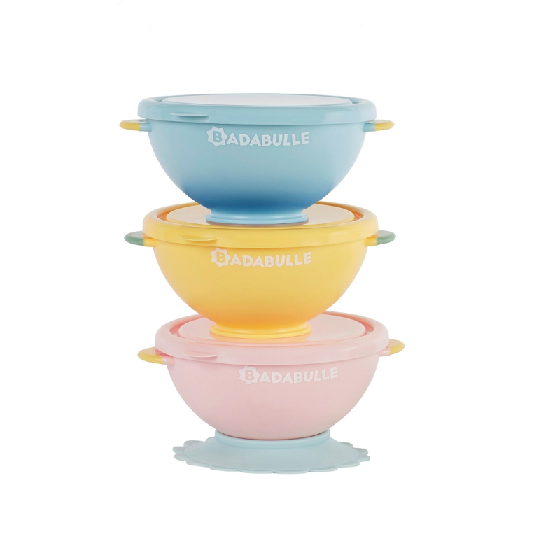 Badabulle Funcolar Kinderservies Kommetje met Zuignap en Deksel Set van 3