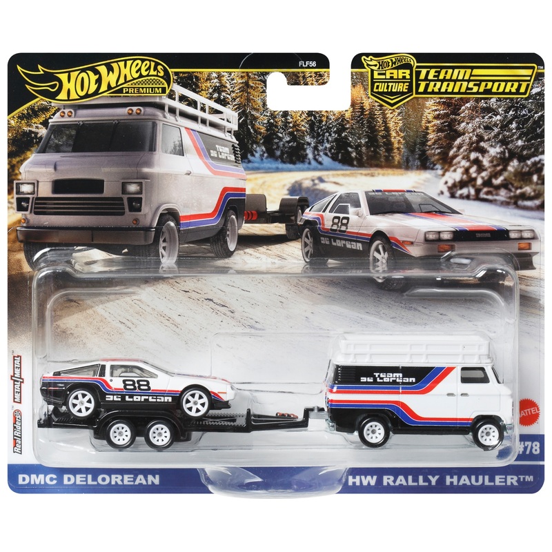 Hot Wheels Premium Team Transport DMC Delorean en HW Rally Hauler 1:64