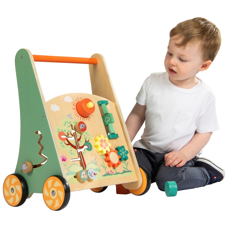 Chariot De Marche Bébé En Bois Avec Activités Multiples | Poignée Réglable 3 Positions, Compartiment Rangement | Pour Enfants à Partir De 12 Mois