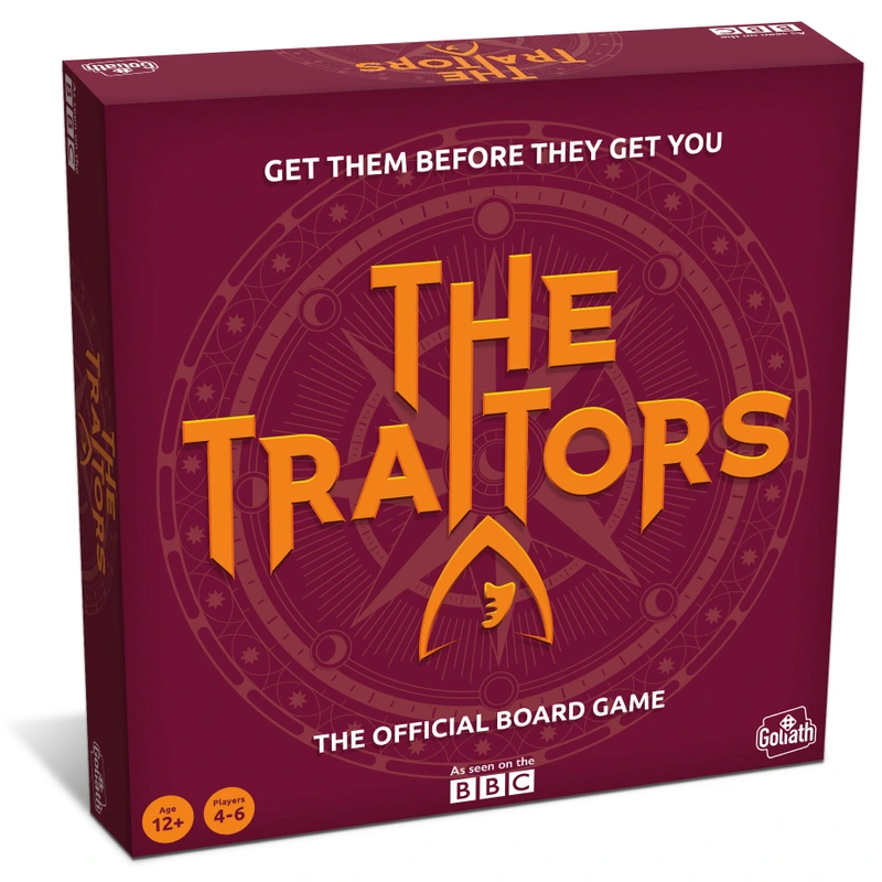 The Traitors Board Game packaging featuring UK branding