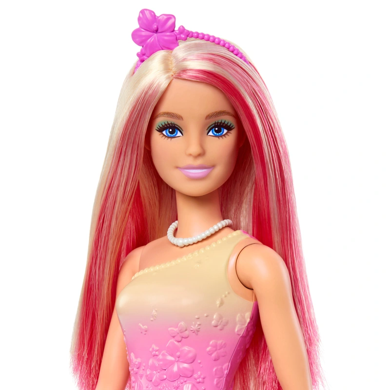Front view of Barbie Princess in pink fantasy gown