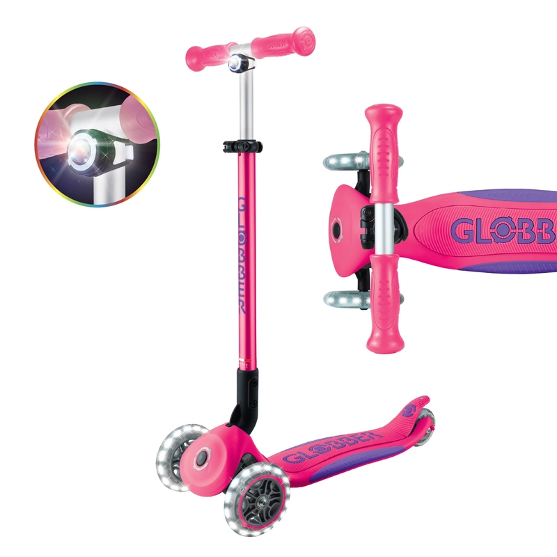 Globber Primo Plus Lights Folding Scooter Pink side profile