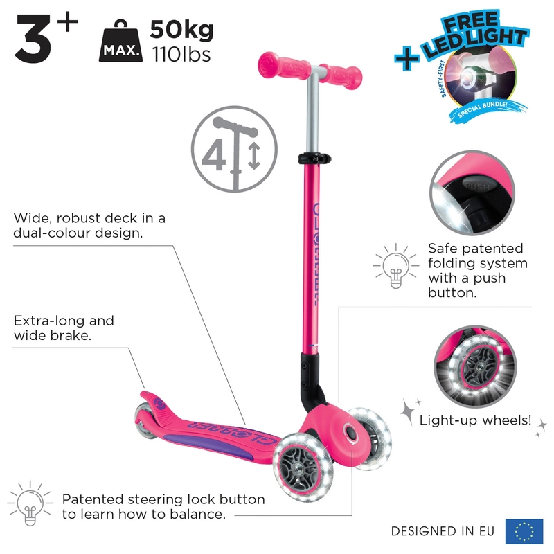 Child riding Globber Primo Plus Pink scooter