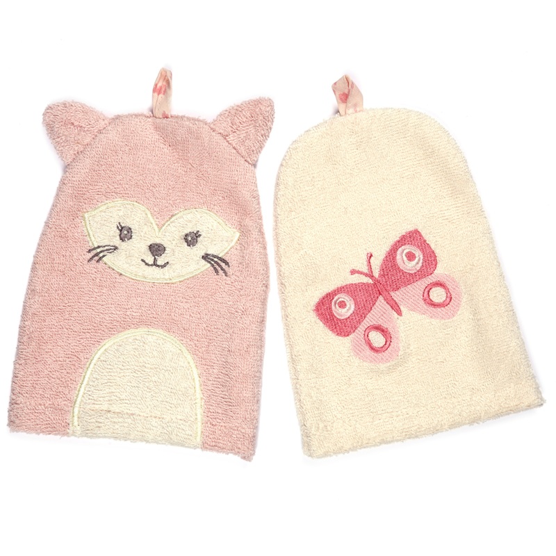 Lilly & Fynn Washand Set van 2 Vlinder en Kat roze/crème