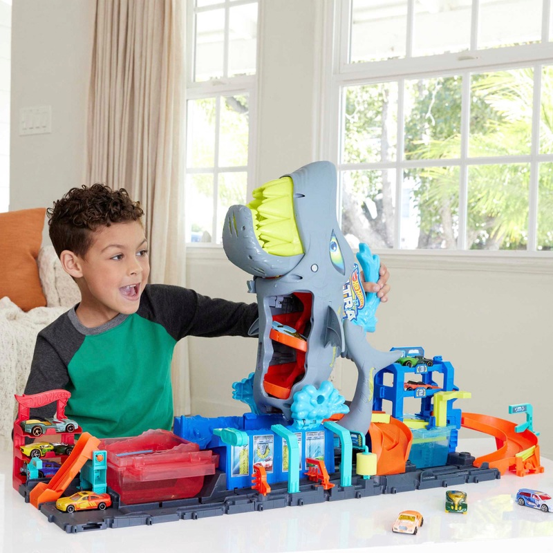 Hot Wheels City Let's Race Racebaan Ultra Shark Car Wash met Kleurverandering