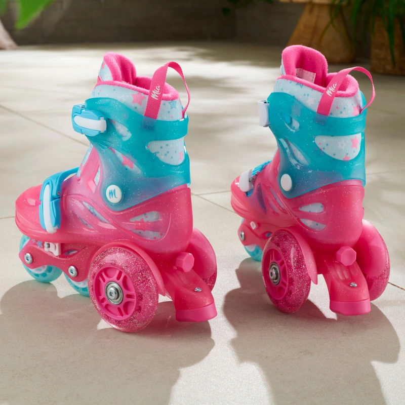 Child wearing Mia Training Inline Skates Glitter Pink UK