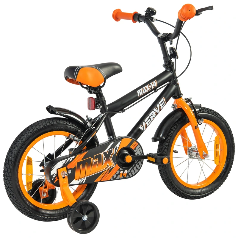 Bright orange kids bike safety features UK