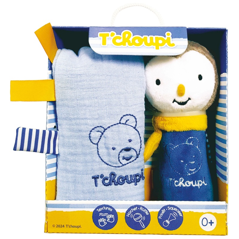 T'Choupi - Coffret Hochet Couinette et Carré en Gaze de Coton