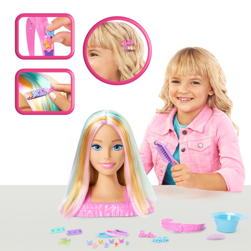 child brushing hair on Barbie styling head