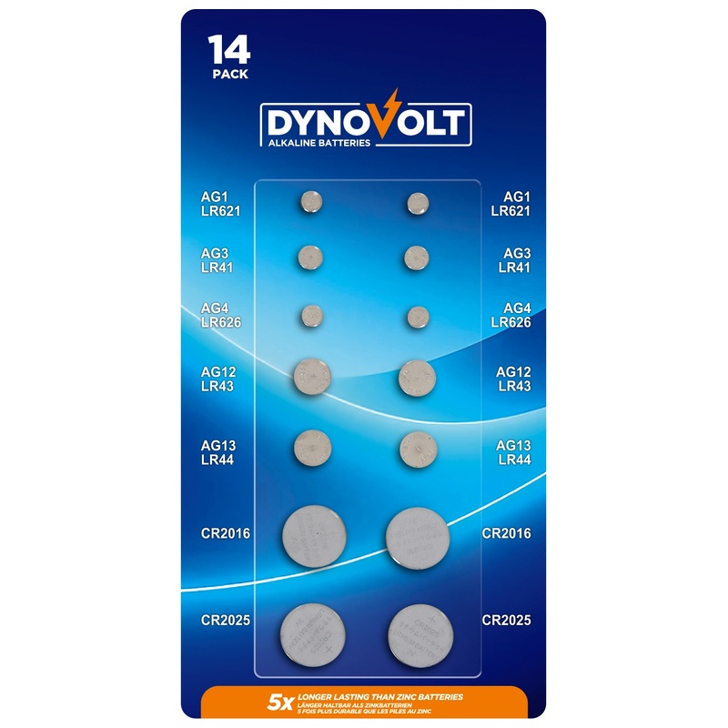 DynoVolt Alkaline and Lithium Button Cell Batteries Mixed 14 Pack