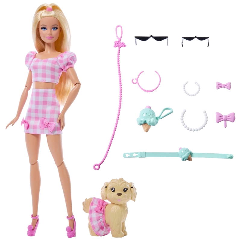 Side profile of Barbie doll with her puppy companion UK