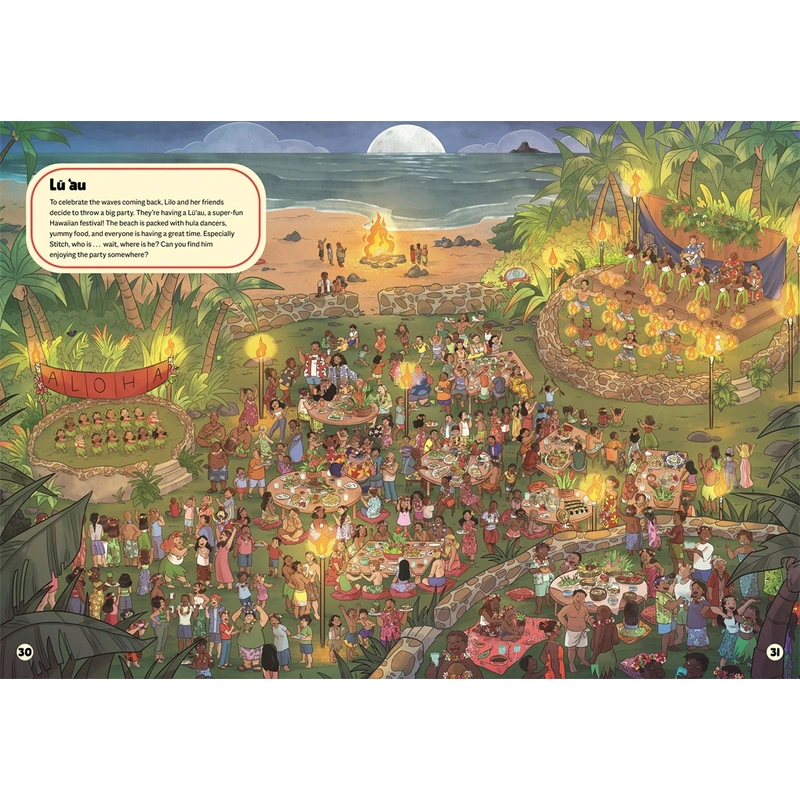 Inside pages of Stitch activity book showing search game