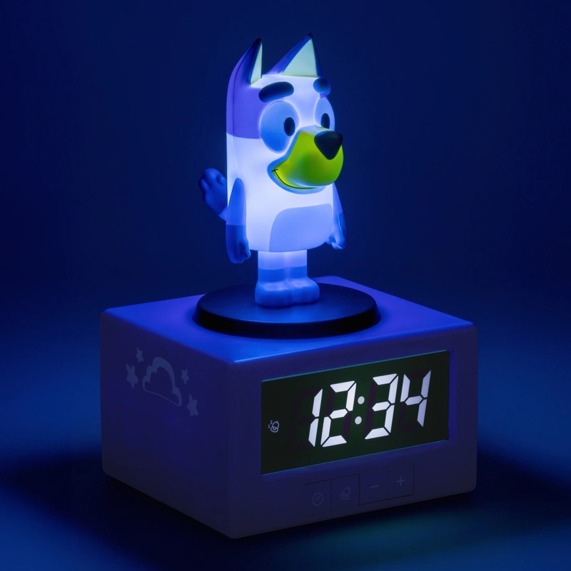 Front view of Bluey alarm clock for children UK