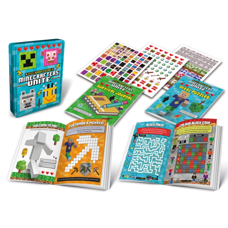 Close up of the Minecraft stickers included in the tin