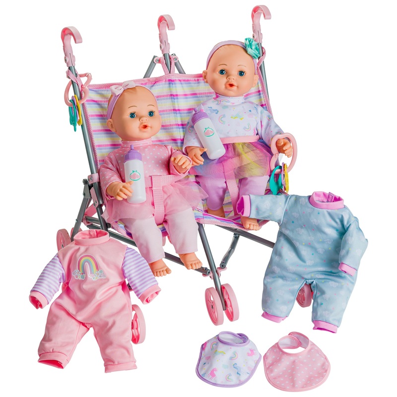 Poupons Jumeaux avec Poussette Double et Accessoires