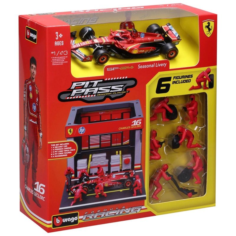 Bburago - Véhicule F1 Ferrari 16 Leclerc 1/43 avec Pit Stop, Figurines et Accessoires