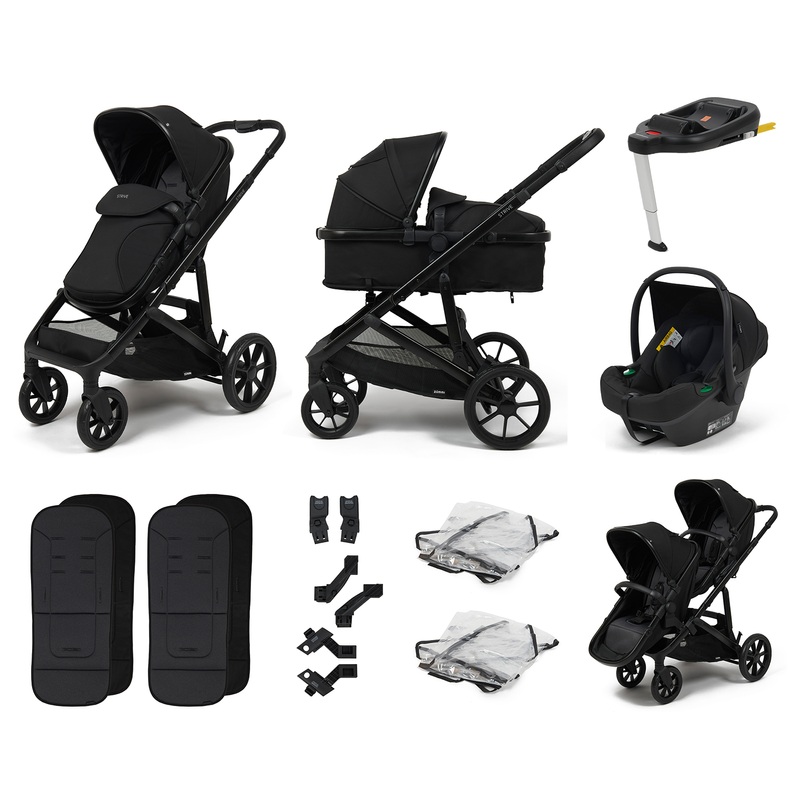 Zummi Strive Single-to-Double Travel System Bundle with EnfaSafe i-Size Car Seat and ISOFix Base Midnight