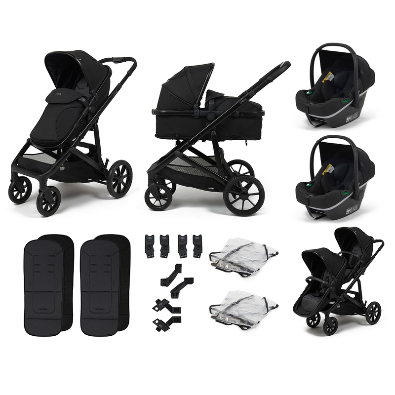 Zummi Strive Single-to-Double Twin Travel System Bundle with 2 EnfaSafe i-Size R129 Car Seats Midnight