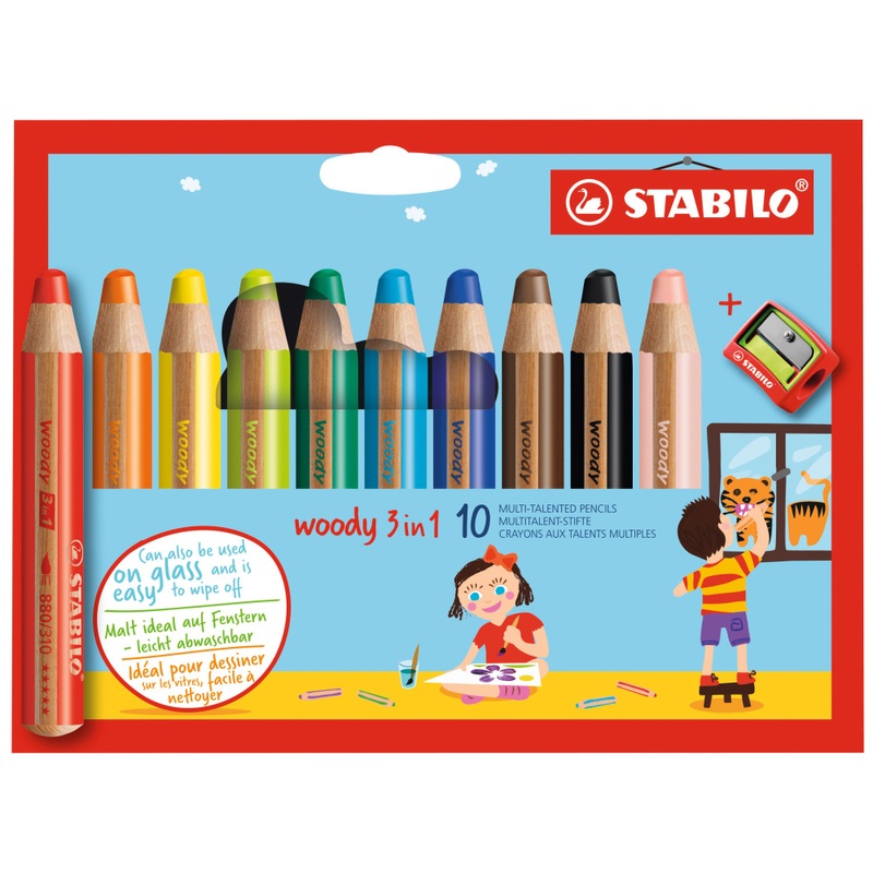 STABILO Houten Kleurpotloden woody 3-in-1 Set van 10 met Puntenslijper