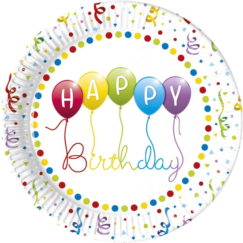 Happy Birthday Streamers 8 Papieren borden, 23 cm