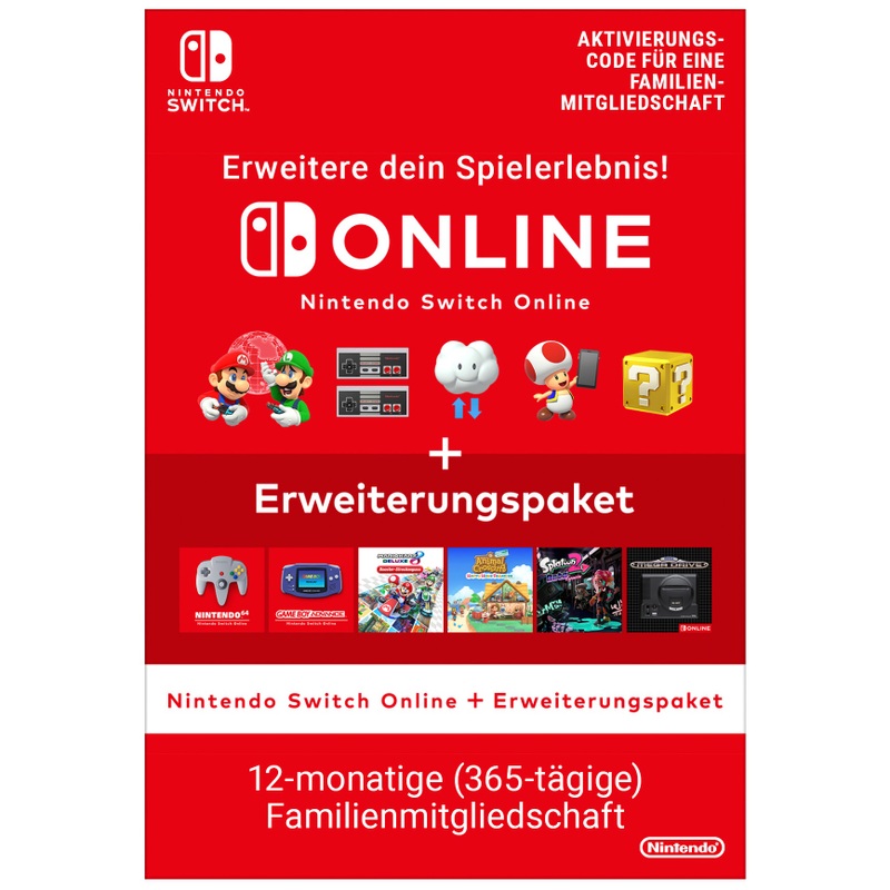 Nintendo Switch Online Aktivierungs-Code 12-monatige Familienmitgliedschaft + Erweiterungspaket