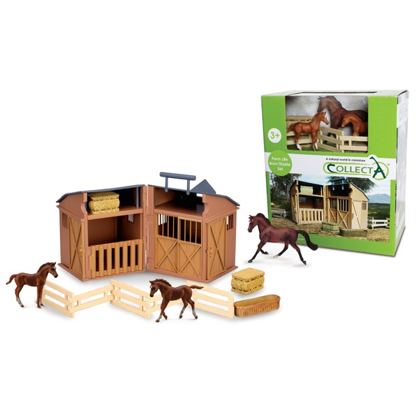 Collecta Stable Playset with Horses and Accessories 3 Piece Count