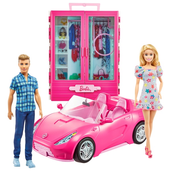 barbie doll and pink convertible