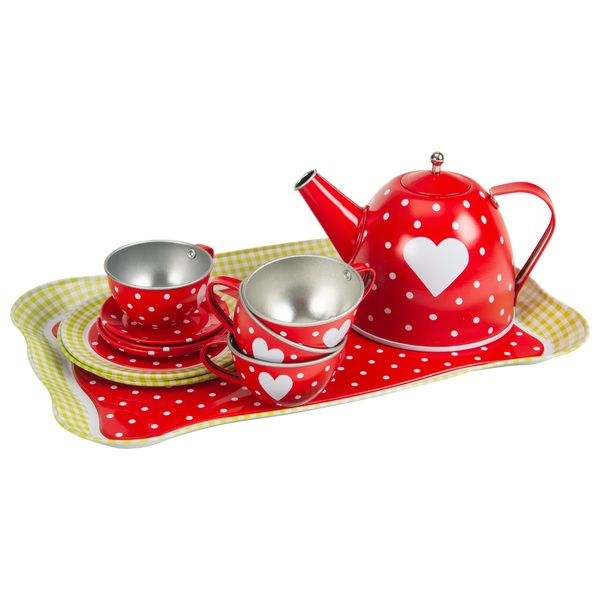 15 Piece Tin Tea Set Red and White Polkadot Smyths Toys