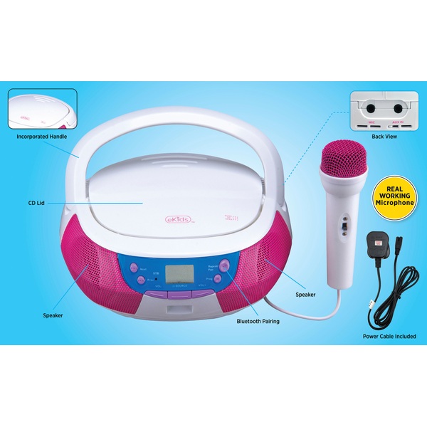 eKids Bluetooth CD Player Boombox with Microphone Pink Smyths Toys