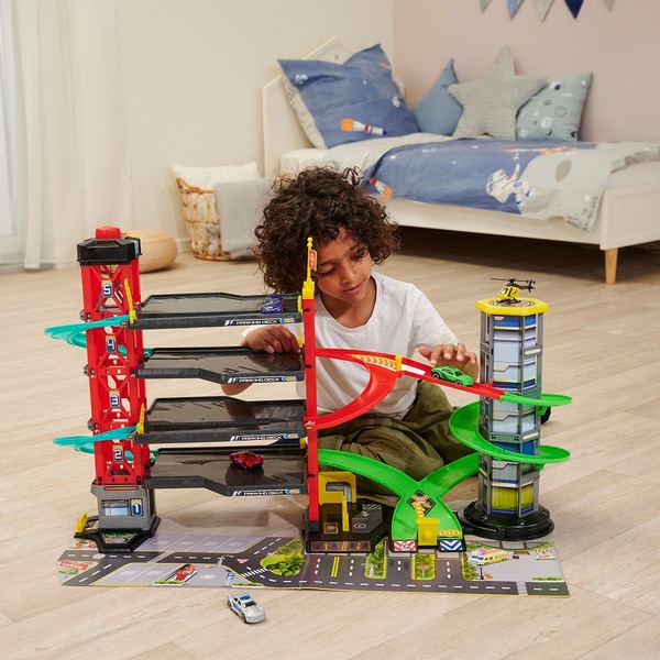 Parking Garage Playset with 4 Cars and Helicopter - Gray