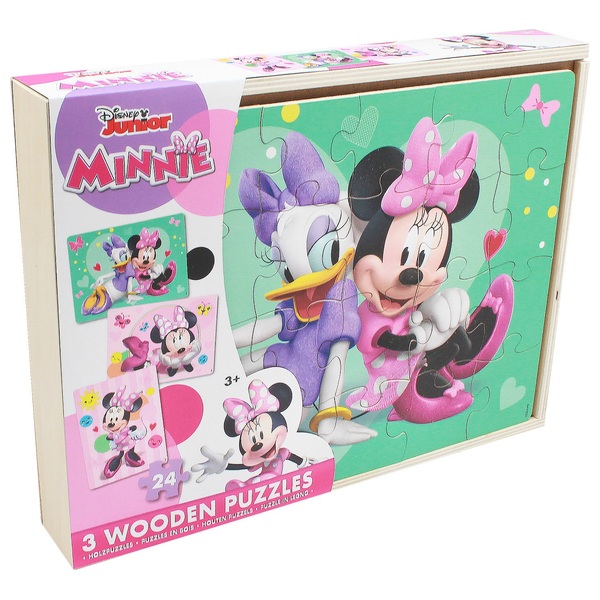 Minnie Mouse Wooden Puzzles 3 Pack in Wood Storage Tray | Smyths Toys UK